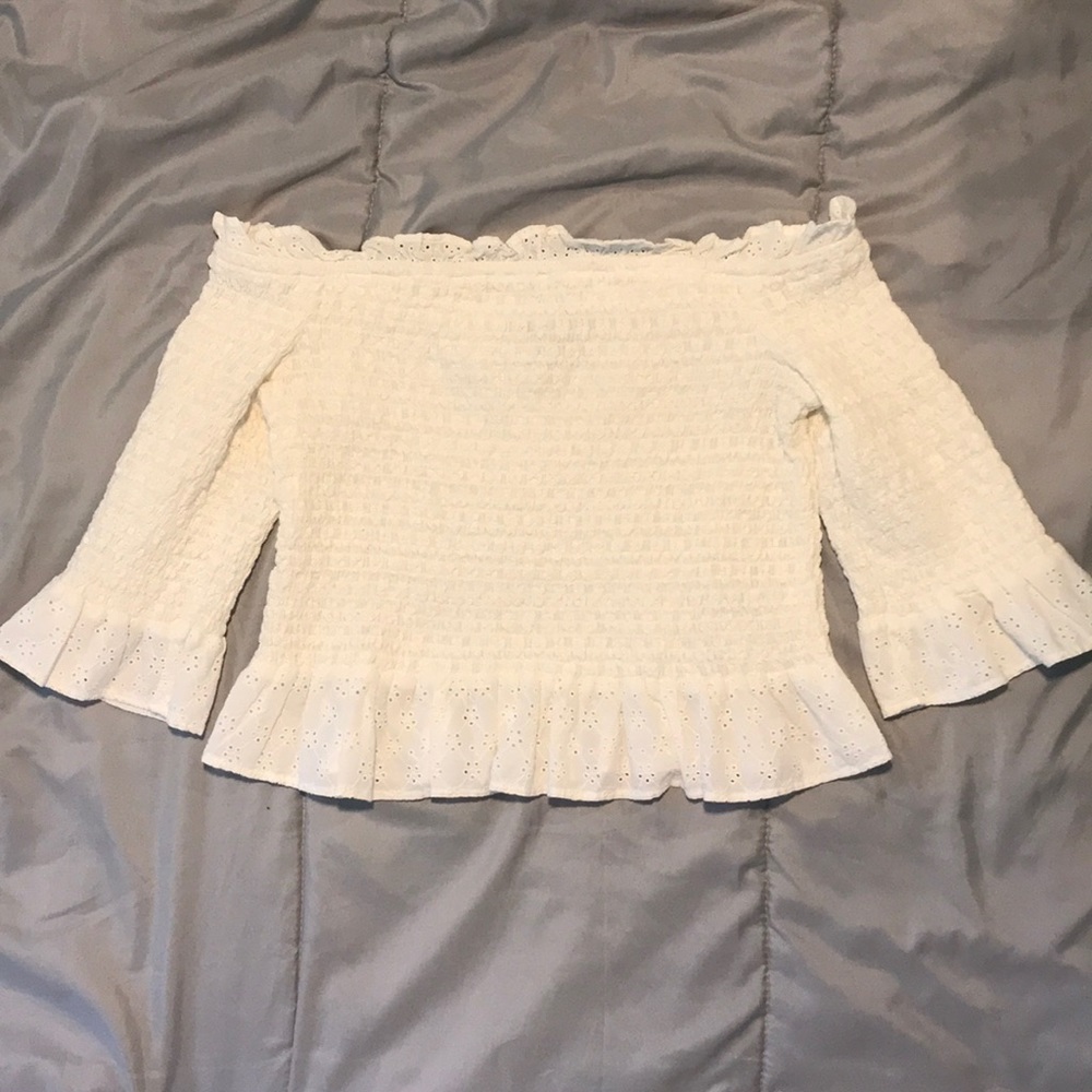 White strapless lace crop top